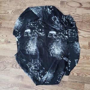 (S) Aritzia Babaton Cityscape Fireworks 100% Silk Blouse Back Keyhole Cutout
